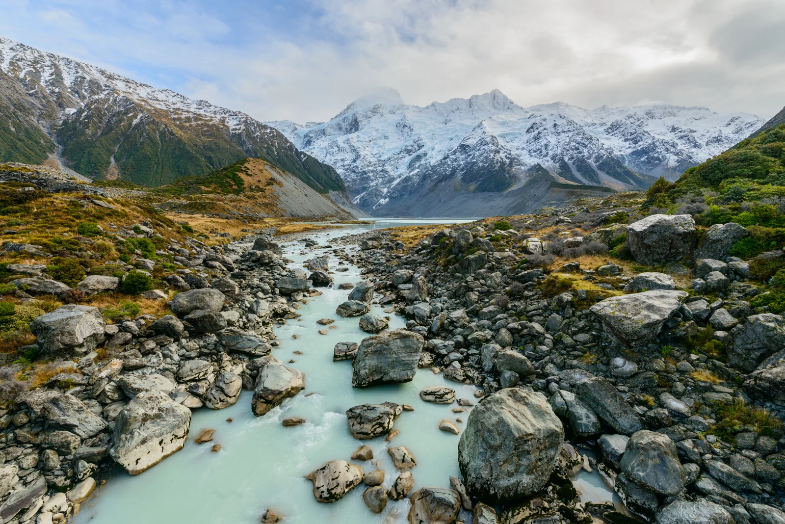 The braided Tasman River beneath the mountains of New Zealand